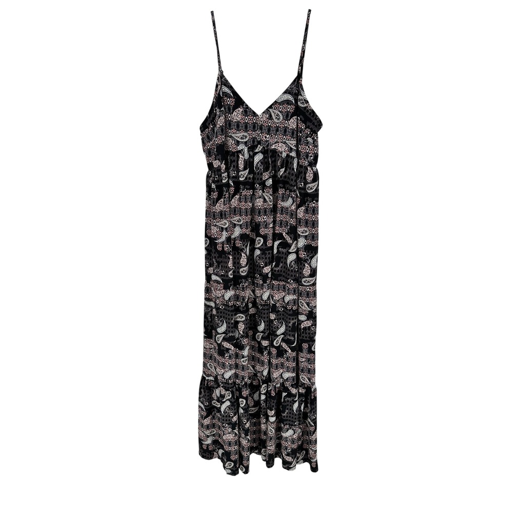 Entro Womens Black Pink Paisley Boho Tiered Maxi‎ Dress Medium Spaghetti Strap